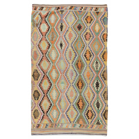 Geometric Vintage Handmade Central Anatolian Wool Kilim Rug, Flat-Weave Carpet