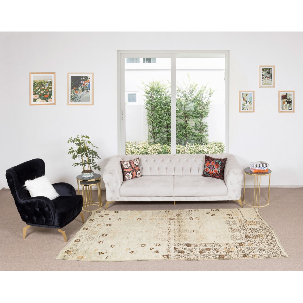 Neutral Colors Turkish Handmade Rug, Vintage Oushak Carpet