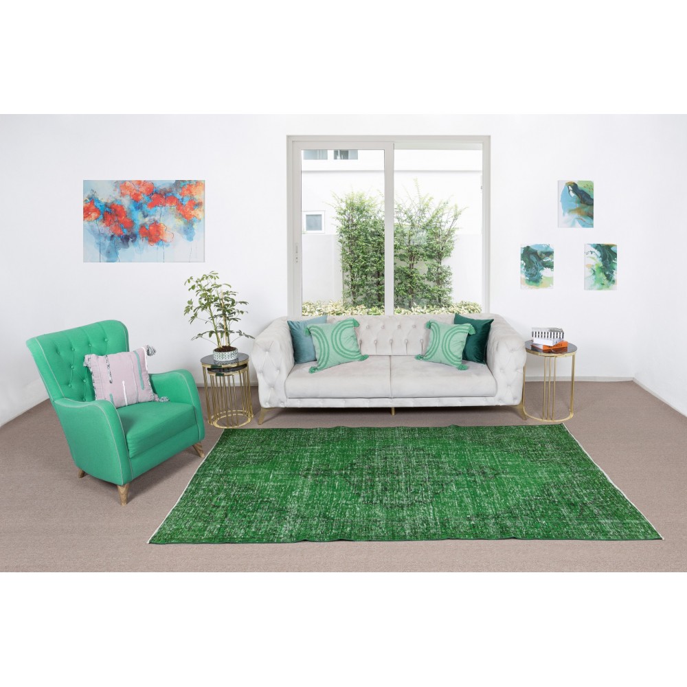 Vintage Hand Knotted Turkish Rug Over-Dyed in Green for Contemporary Home & Office