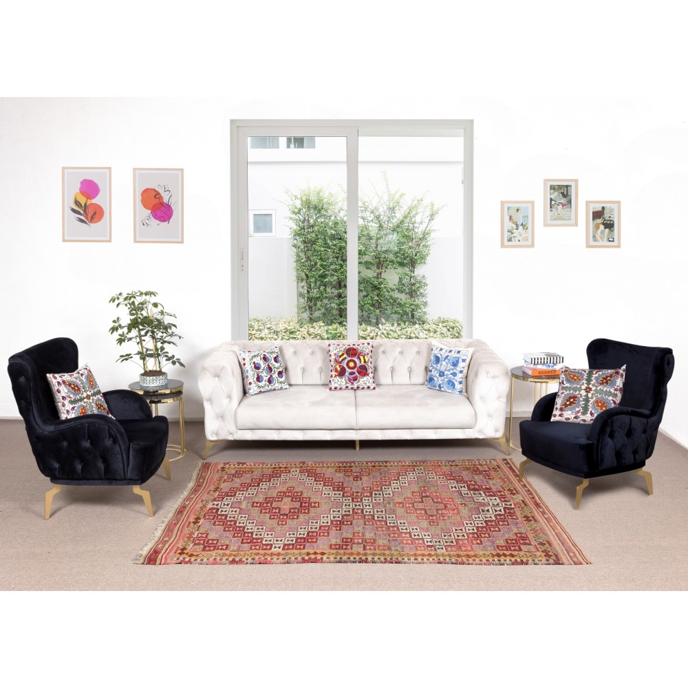 One-of-a-Kind Geometric Vintage Anatolian Jijim Kilim Rug, Hand-Woven Carpet Made of Wool