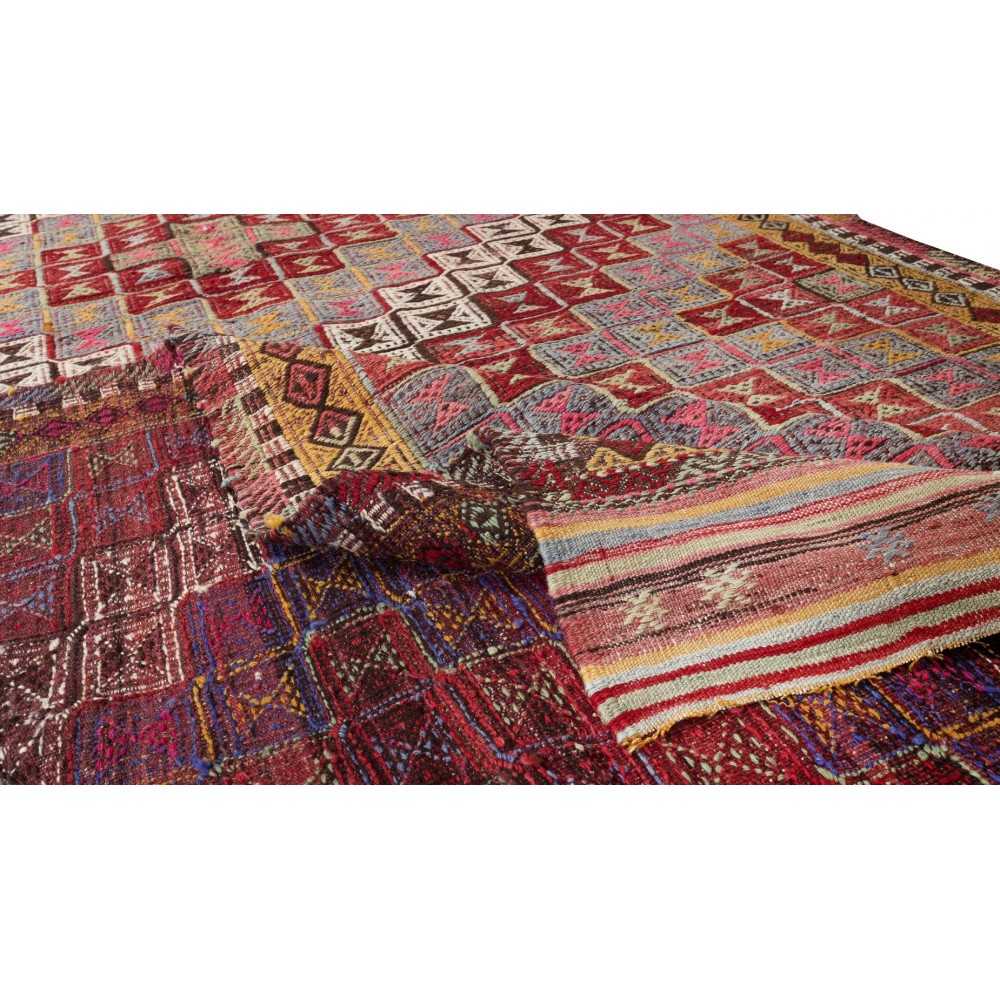 One-of-a-Kind Geometric Vintage Anatolian Jijim Kilim Rug, Hand-Woven Carpet Made of Wool