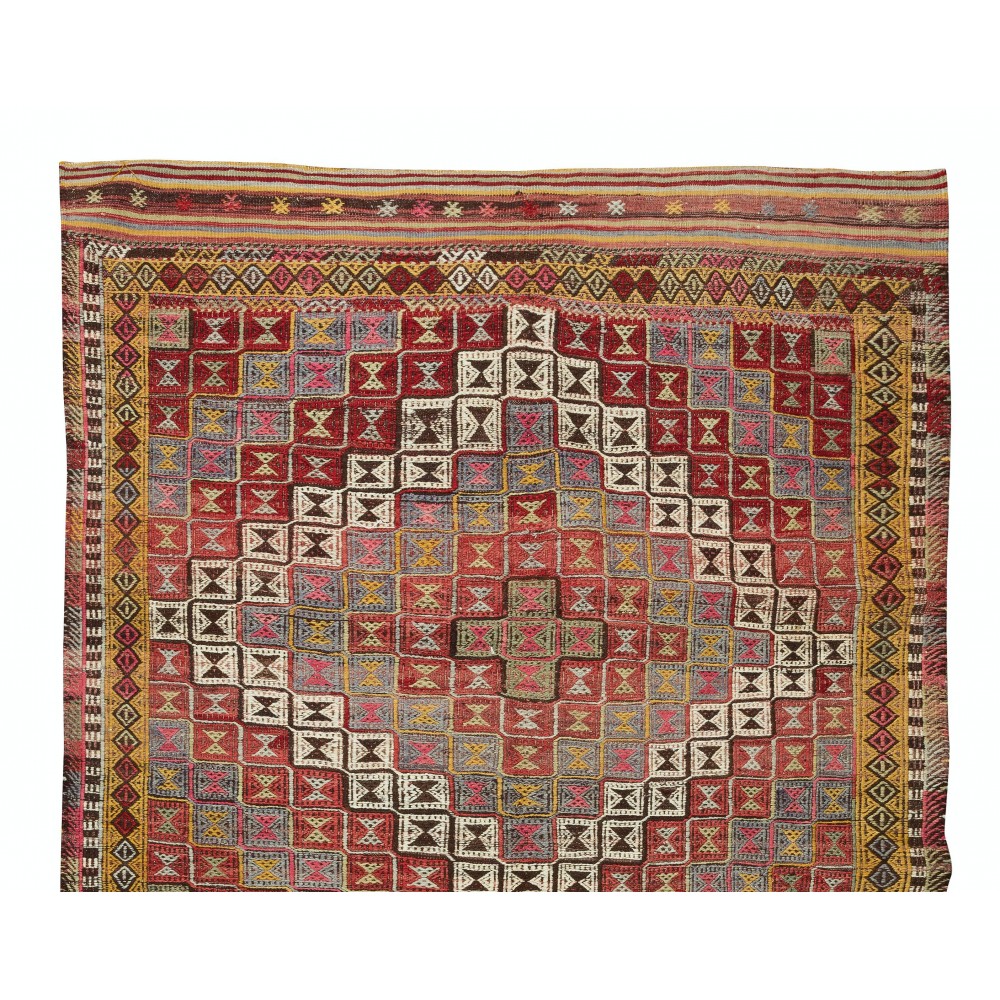 One-of-a-Kind Geometric Vintage Anatolian Jijim Kilim Rug, Hand-Woven Carpet Made of Wool