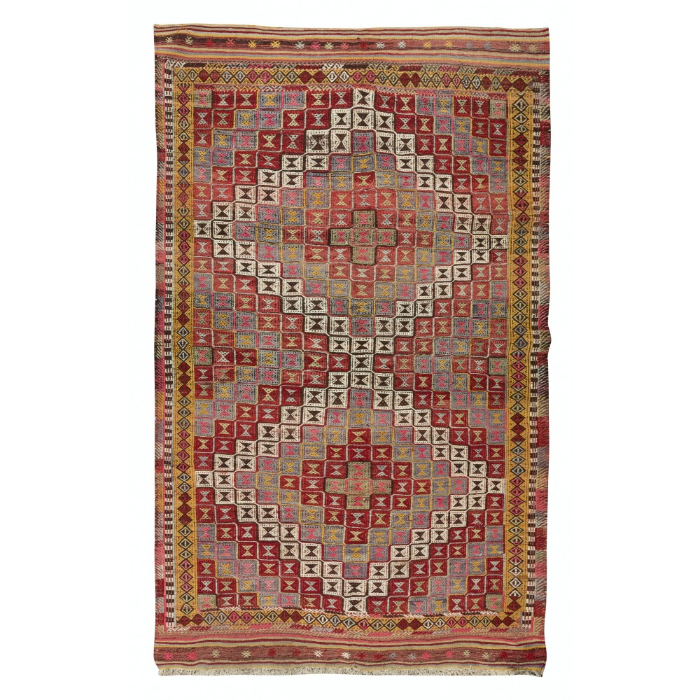 One-of-a-Kind Geometric Vintage Anatolian Jijim Kilim Rug, Hand-Woven Carpet Made of Wool