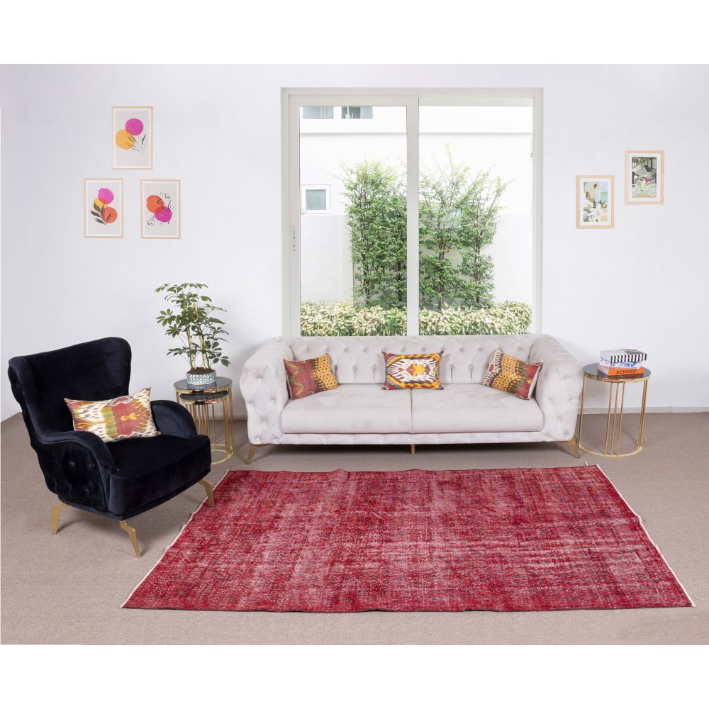 Handmade Turkish Area Rug Over-Dyed in Red for Modern Home and Office