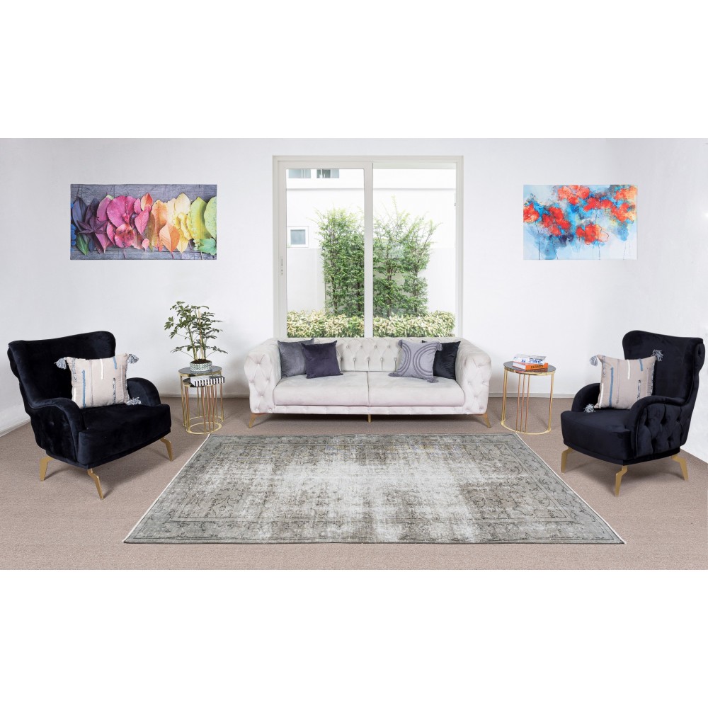 Distressed 1950s Handmade Anatolian Area Rug Over-Dyed in Gray