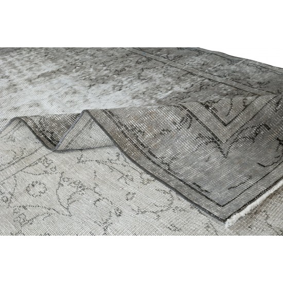 Distressed 1950s Handmade Anatolian Area Rug Over-Dyed in Gray