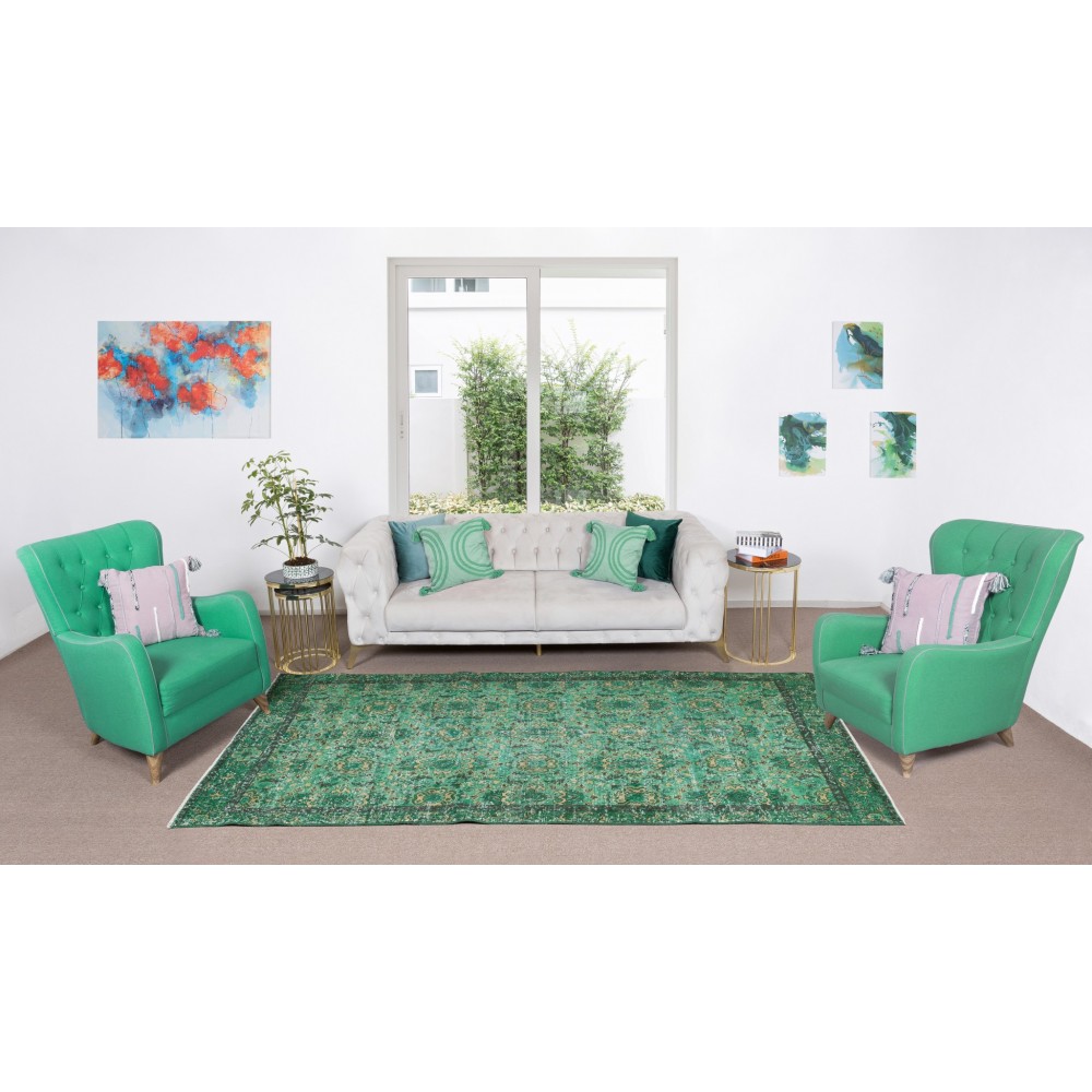 Vintage Hand Knotted Turkish Rug Over-Dyed in Green for Contemporary Home & Office