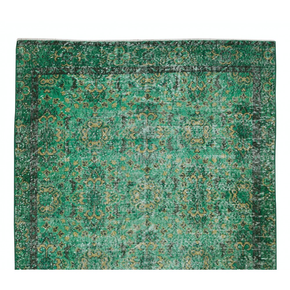 Vintage Hand Knotted Turkish Rug Over-Dyed in Green for Contemporary Home & Office