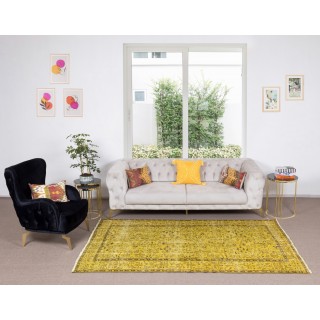 Floral Patterned Vintage Rug Over-Dyed in Yellow, Handmade Yellow Carpet From Turkey Floral Patterned Vintage Rug Over-Dyed in Yellow, Handmade Yellow Carpet From Turkey
