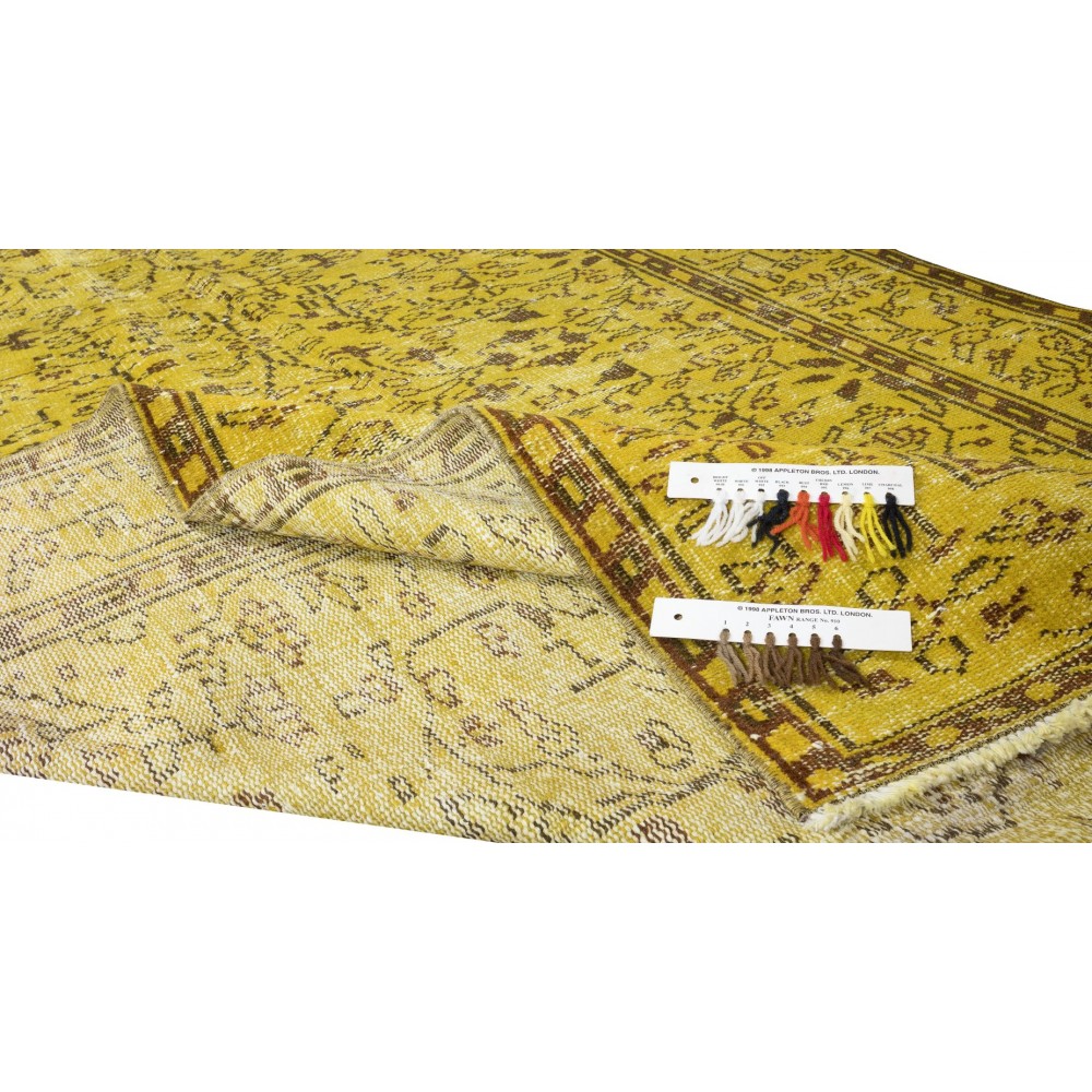 Floral Patterned Vintage Rug Over-Dyed in Yellow, Handmade Yellow Carpet From Turkey