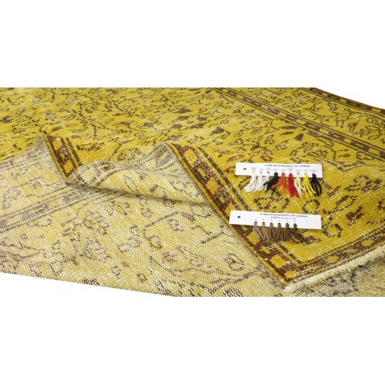 Floral Patterned Vintage Rug Over-Dyed in Yellow, Handmade Yellow Carpet From Turkey