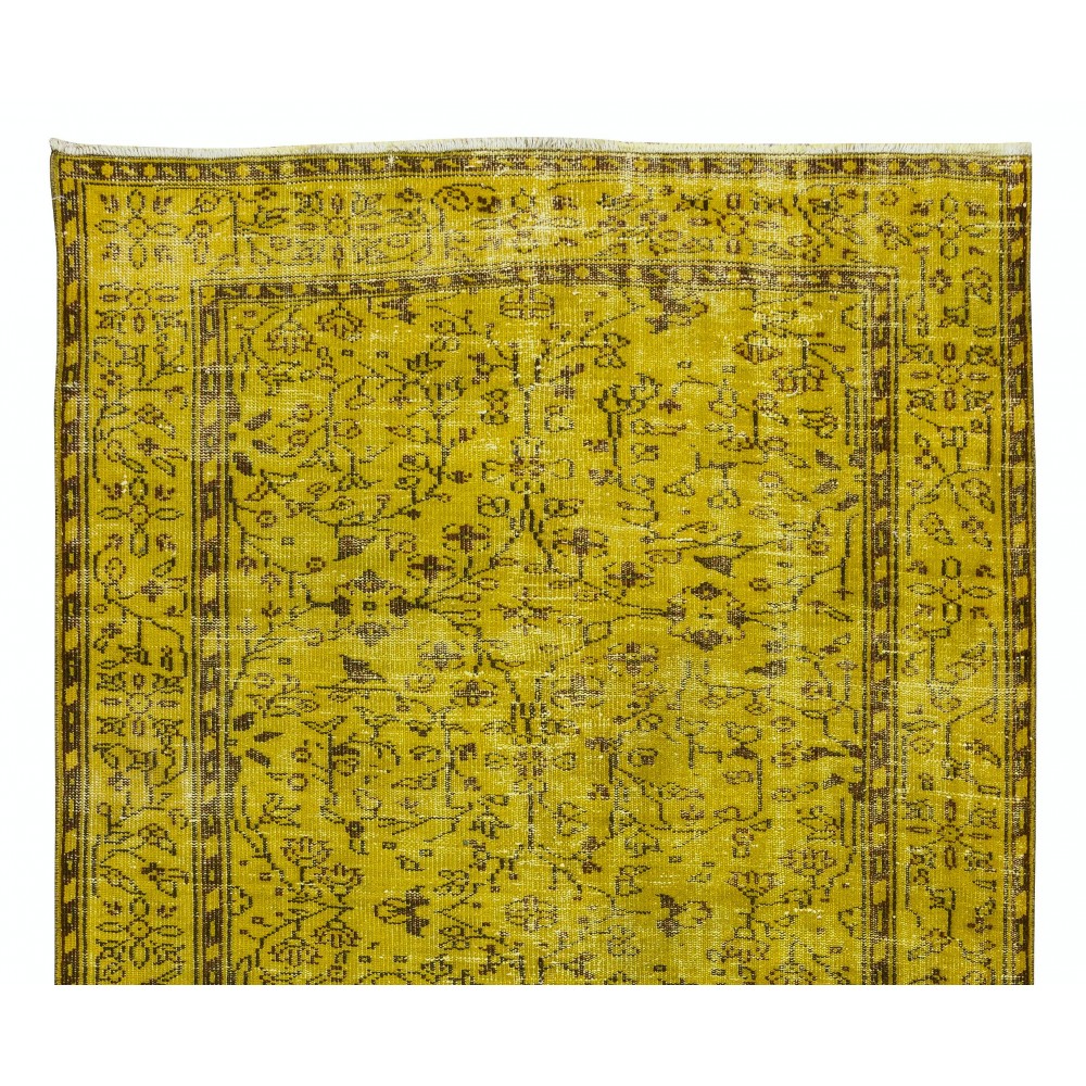 Floral Patterned Vintage Rug Over-Dyed in Yellow, Handmade Yellow Carpet From Turkey