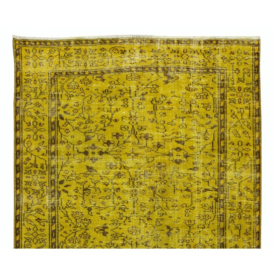 Floral Patterned Vintage Rug Over-Dyed in Yellow, Handmade Yellow Carpet From Turkey