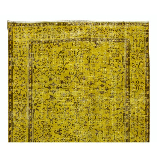 Floral Patterned Vintage Rug Over-Dyed in Yellow, Handmade Yellow Carpet From Turkey Floral Patterned Vintage Rug Over-Dyed in Yellow, Handmade Yellow Carpet From Turkey