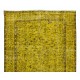 Floral Patterned Vintage Rug Over-Dyed in Yellow, Handmade Yellow Carpet From Turkey