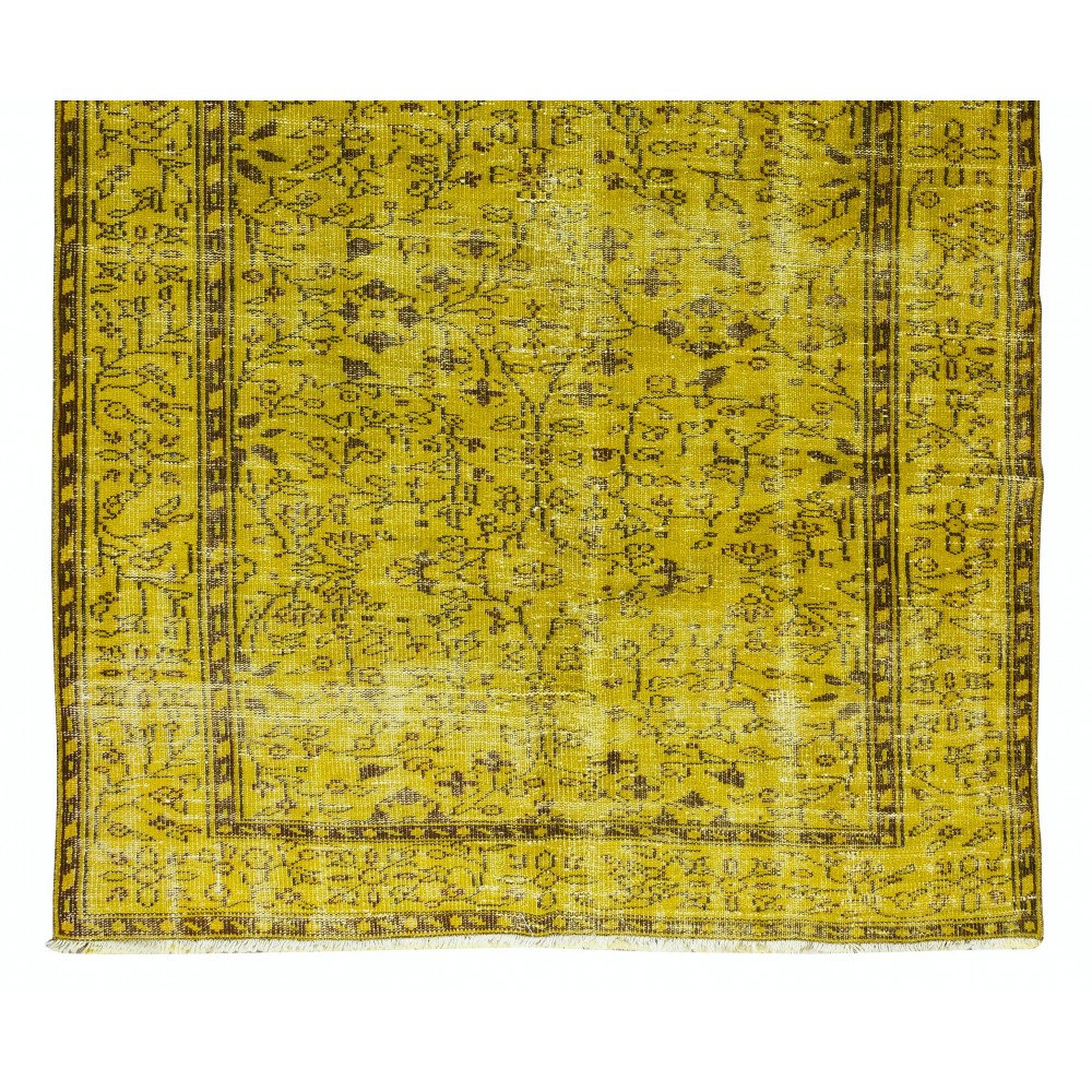 Floral Patterned Vintage Rug Over-Dyed in Yellow, Handmade Yellow Carpet From Turkey