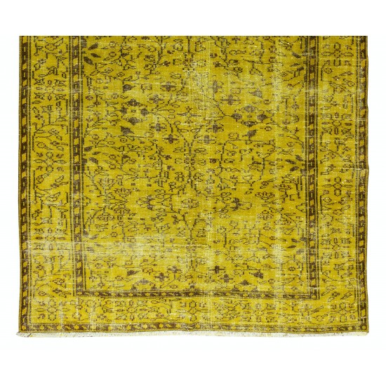 Floral Patterned Vintage Rug Over-Dyed in Yellow, Handmade Yellow Carpet From Turkey Floral Patterned Vintage Rug Over-Dyed in Yellow, Handmade Yellow Carpet From Turkey