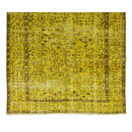 Floral Patterned Vintage Rug Over-Dyed in Yellow, Handmade Yellow Carpet From Turkey