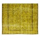 Floral Patterned Vintage Rug Over-Dyed in Yellow, Handmade Yellow Carpet From Turkey