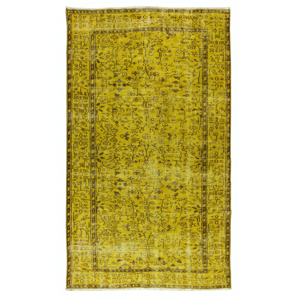 Floral Patterned Vintage Rug Over-Dyed in Yellow, Handmade Yellow Carpet From Turkey