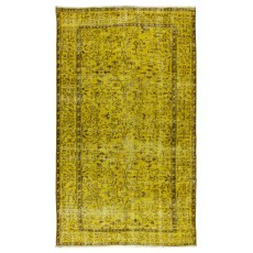 Floral Patterned Vintage Rug Over-Dyed in Yellow, Handmade Yellow Carpet From Turkey