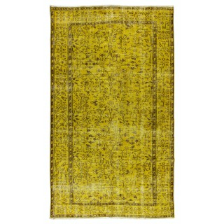 Floral Patterned Vintage Rug Over-Dyed in Yellow, Handmade Yellow Carpet From Turkey