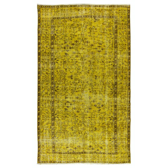 Floral Patterned Vintage Rug Over-Dyed in Yellow, Handmade Yellow Carpet From Turkey Floral Patterned Vintage Rug Over-Dyed in Yellow, Handmade Yellow Carpet From Turkey