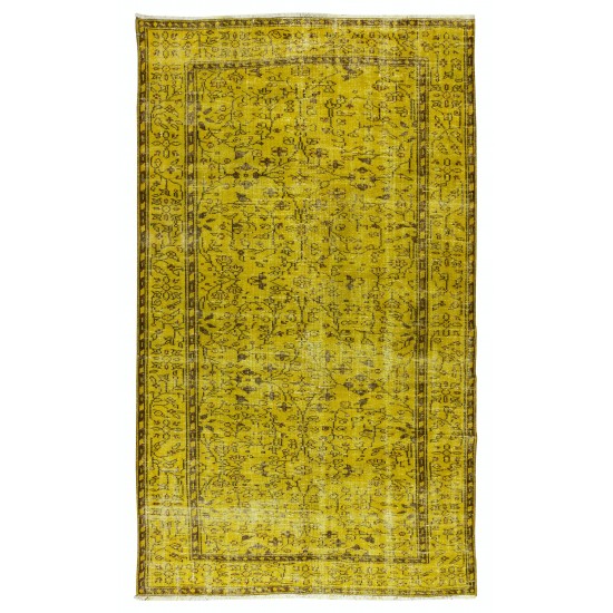 Floral Patterned Vintage Rug Over-Dyed in Yellow, Handmade Yellow Carpet From Turkey