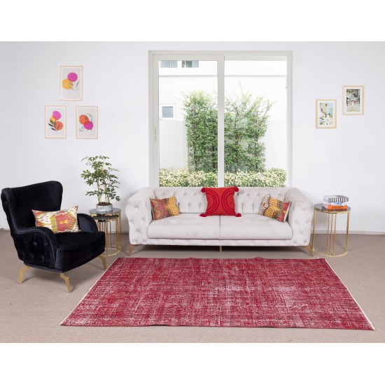 Handmade Mid-Century Turkish Area Rug Over-Dyed in Red for Modern Home & Office