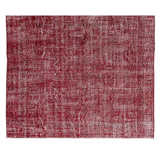 Handmade Mid-Century Turkish Area Rug Over-Dyed in Red for Modern Home & Office