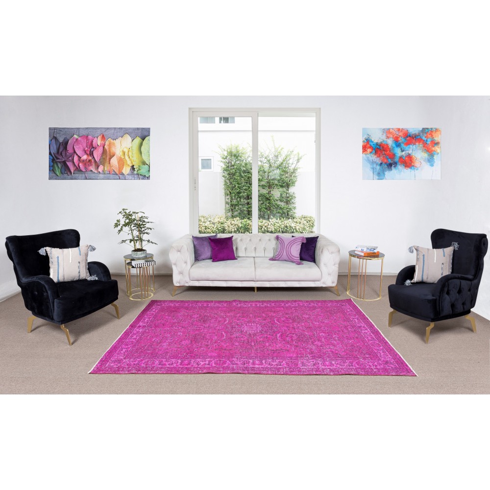 Handmade Turkish Area Rug Over-Dyed in Pink for Modern Home & Office