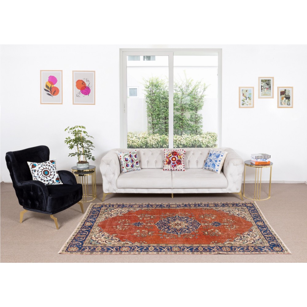 Traditional Vintage Hand Knotted Anatolian Wool Area Rug with Medallion Design