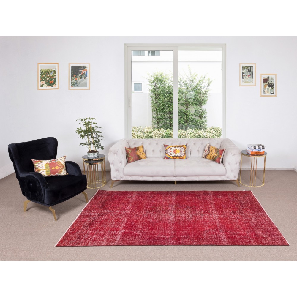 Solid Handmade Turkish Area Rug Over-Dyed in Red for Modern Home & Office