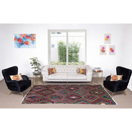 Hand-Woven Turkish Kilim with Hand-Spun Wool, Vintage Geometric Rug Hand-Woven Turkish Kilim with Hand-Spun Wool, Vintage Geometric Rug