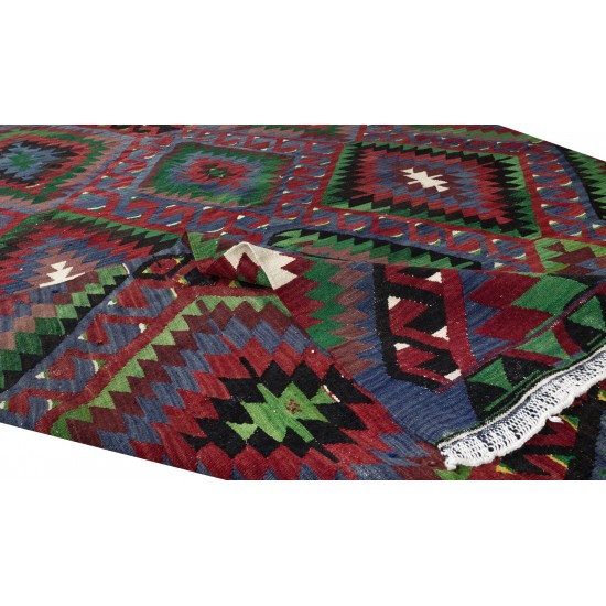 Hand-Woven Turkish Kilim with Hand-Spun Wool, Vintage Geometric Rug