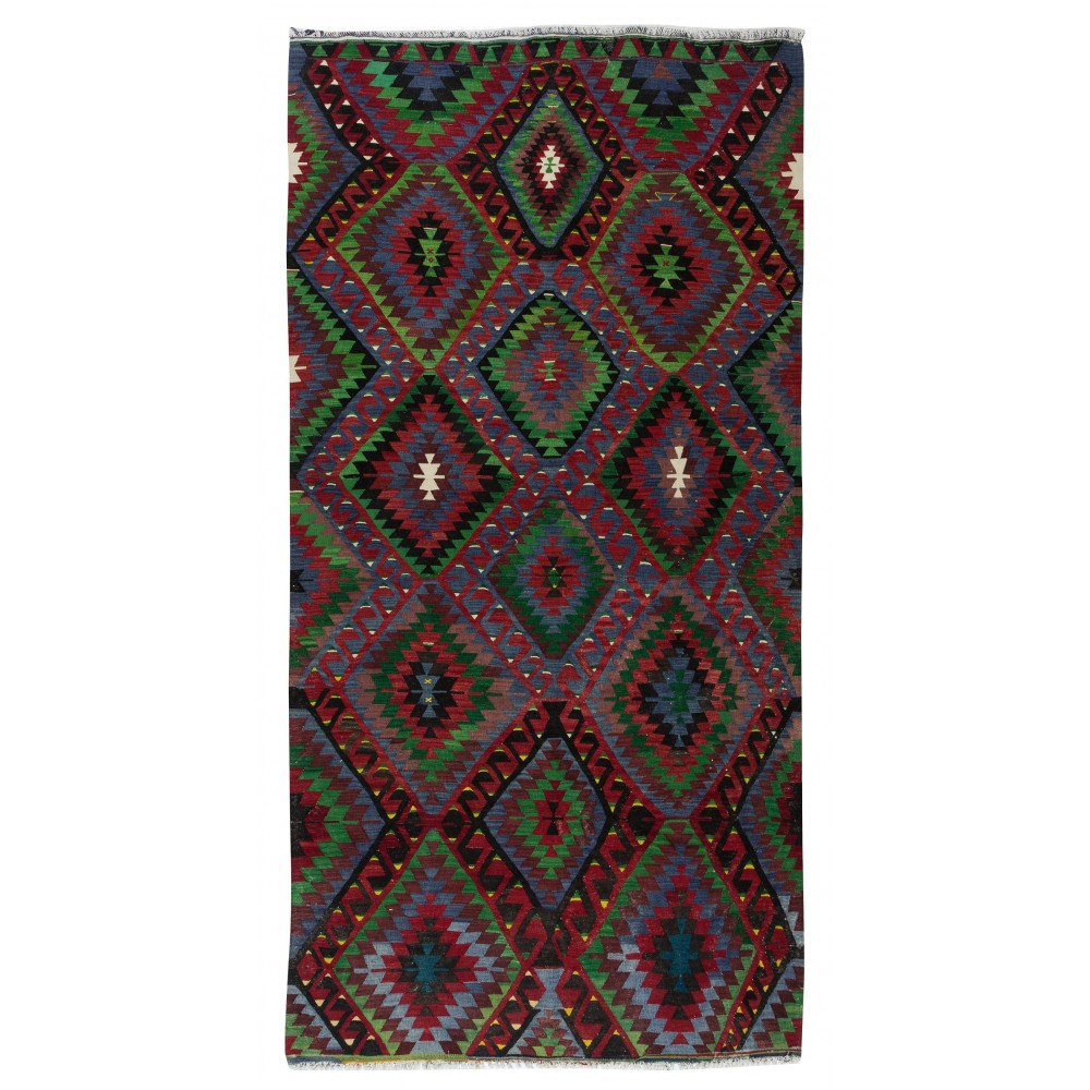 Hand-Woven Turkish Kilim with Hand-Spun Wool, Vintage Geometric Rug