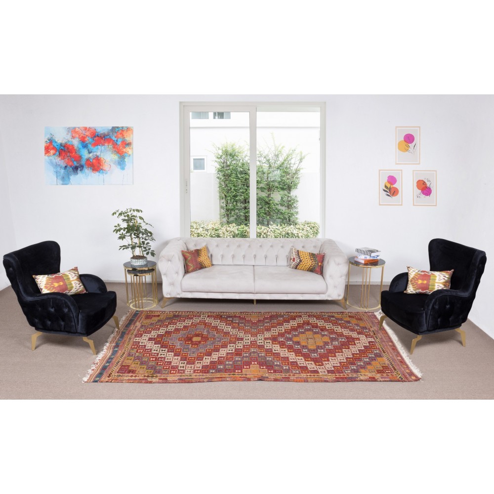 One-of-a-Kind Geometric Vintage Anatolian Jijim Kilim Rug, Hand-Woven Carpet Made of Wool