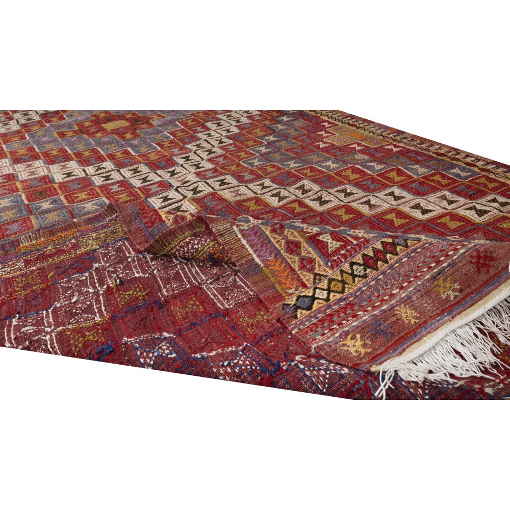 One-of-a-Kind Geometric Vintage Anatolian Jijim Kilim Rug, Hand-Woven Carpet Made of Wool