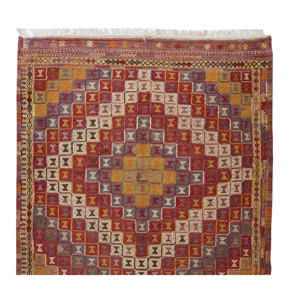 One-of-a-Kind Geometric Vintage Anatolian Jijim Kilim Rug, Hand-Woven Carpet Made of Wool