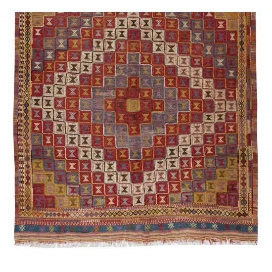 One-of-a-Kind Geometric Vintage Anatolian Jijim Kilim Rug, Hand-Woven Carpet Made of Wool
