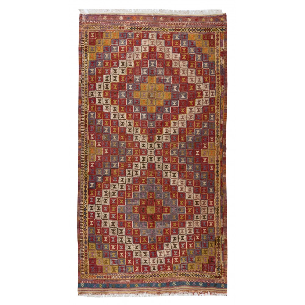 One-of-a-Kind Geometric Vintage Anatolian Jijim Kilim Rug, Hand-Woven Carpet Made of Wool