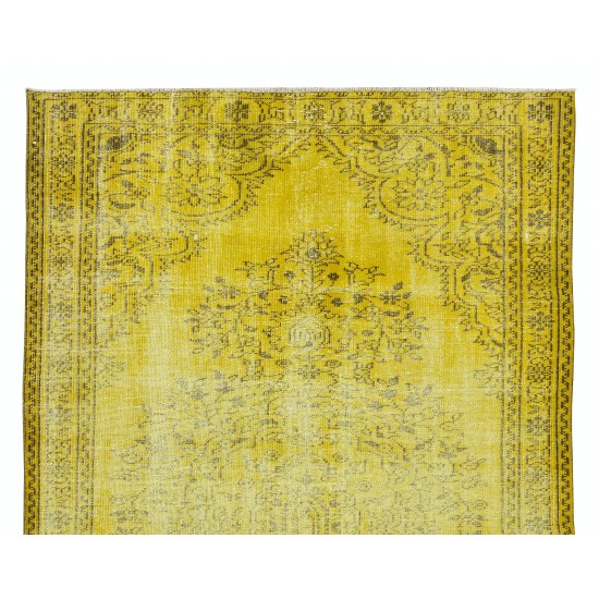 Room Size Authentic Vintage Hand Knotted Turkish Wool Area Rug Over-Dyed in Yellow