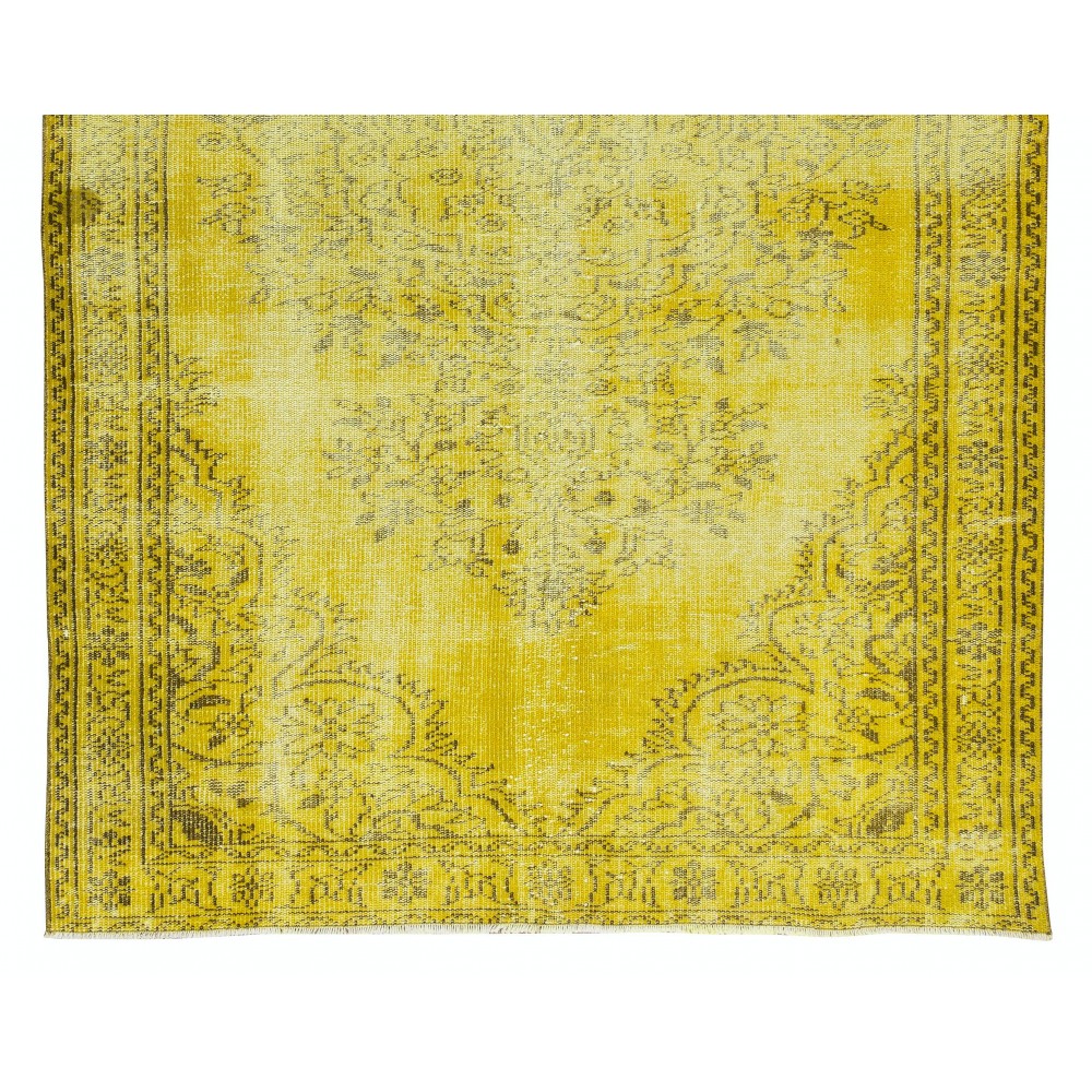 Room Size Authentic Vintage Hand Knotted Turkish Wool Area Rug Over-Dyed in Yellow