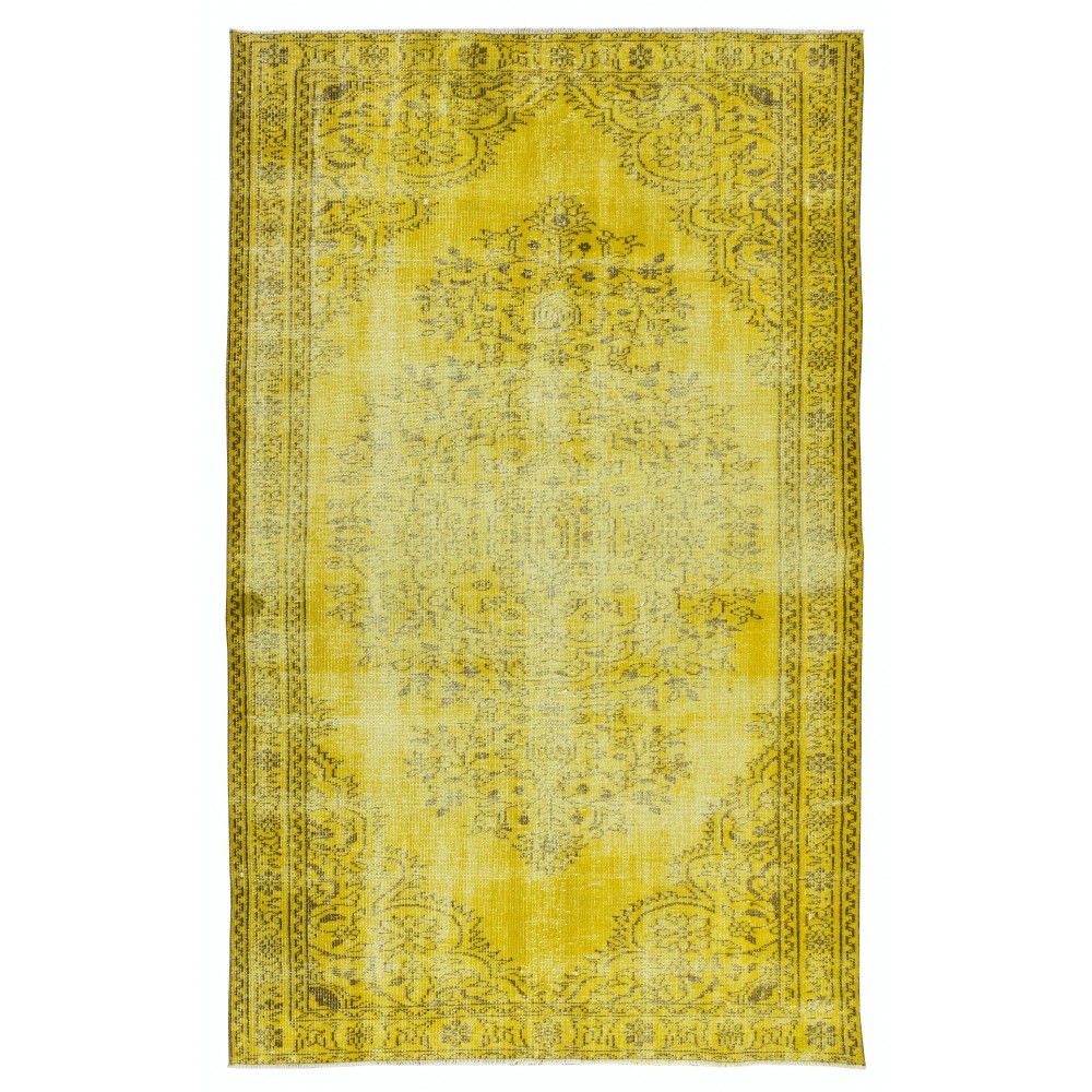 Room Size Authentic Vintage Hand Knotted Turkish Wool Area Rug Over-Dyed in Yellow