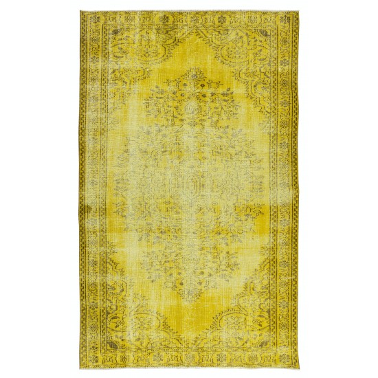 Room Size Authentic Vintage Hand Knotted Turkish Wool Area Rug Over-Dyed in Yellow