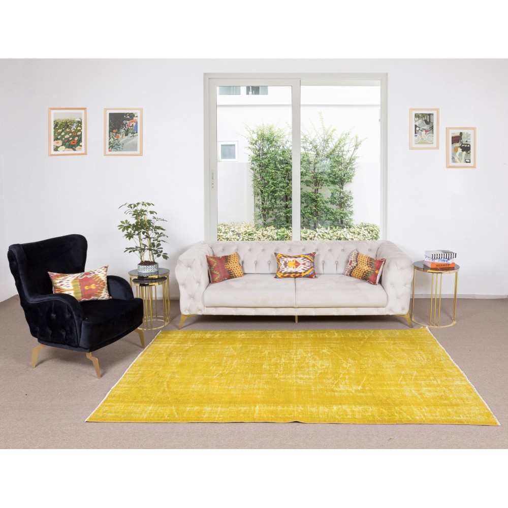 Room Size Authentic Vintage Hand Knotted Turkish Wool Area Rug Over-Dyed in Yellow