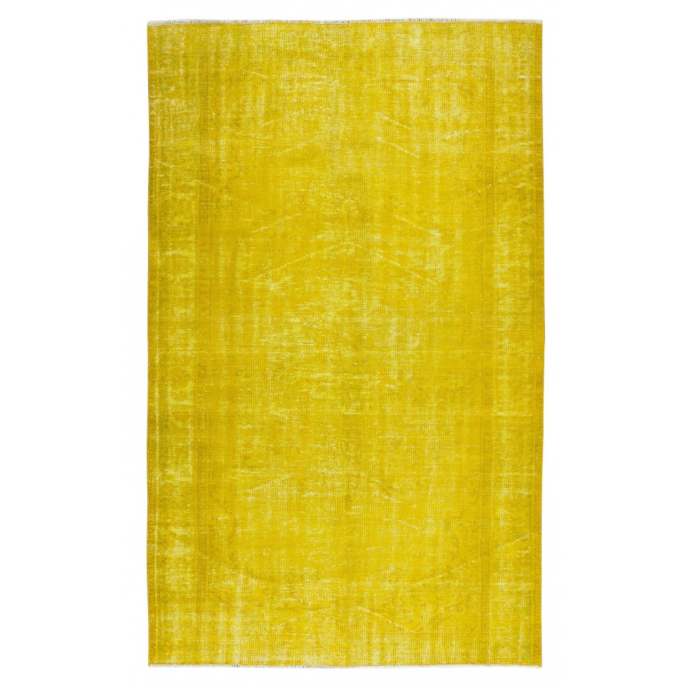Room Size Authentic Vintage Hand Knotted Turkish Wool Area Rug Over-Dyed in Yellow