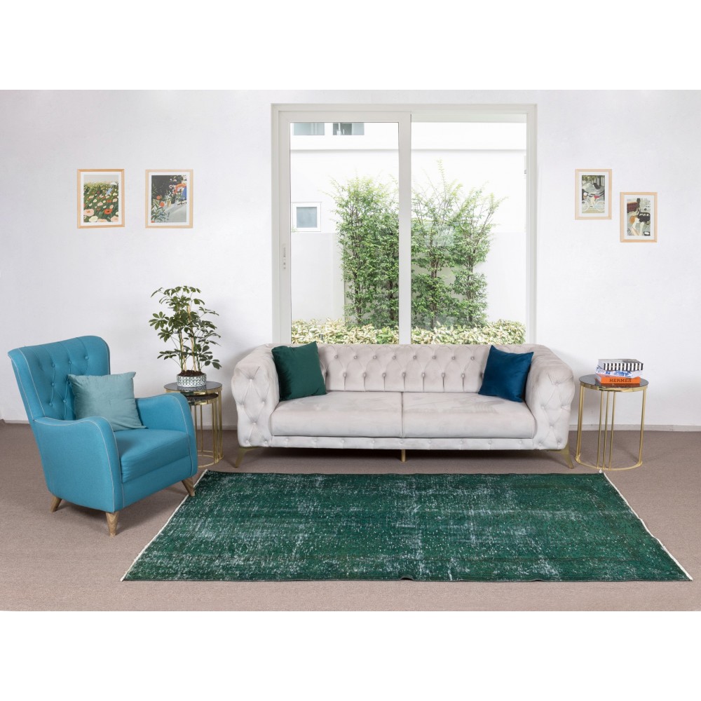 Authentic Vintage Hand Knotted Turkish Rug Over-Dyed in Green for Contemporary Home & Office