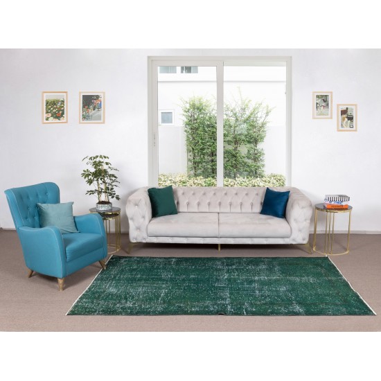 Authentic Vintage Hand Knotted Turkish Rug Over-Dyed in Green for Contemporary Home & Office Authentic Vintage Hand Knotted Turkish Rug Over-Dyed in Green for Contemporary Home & Office