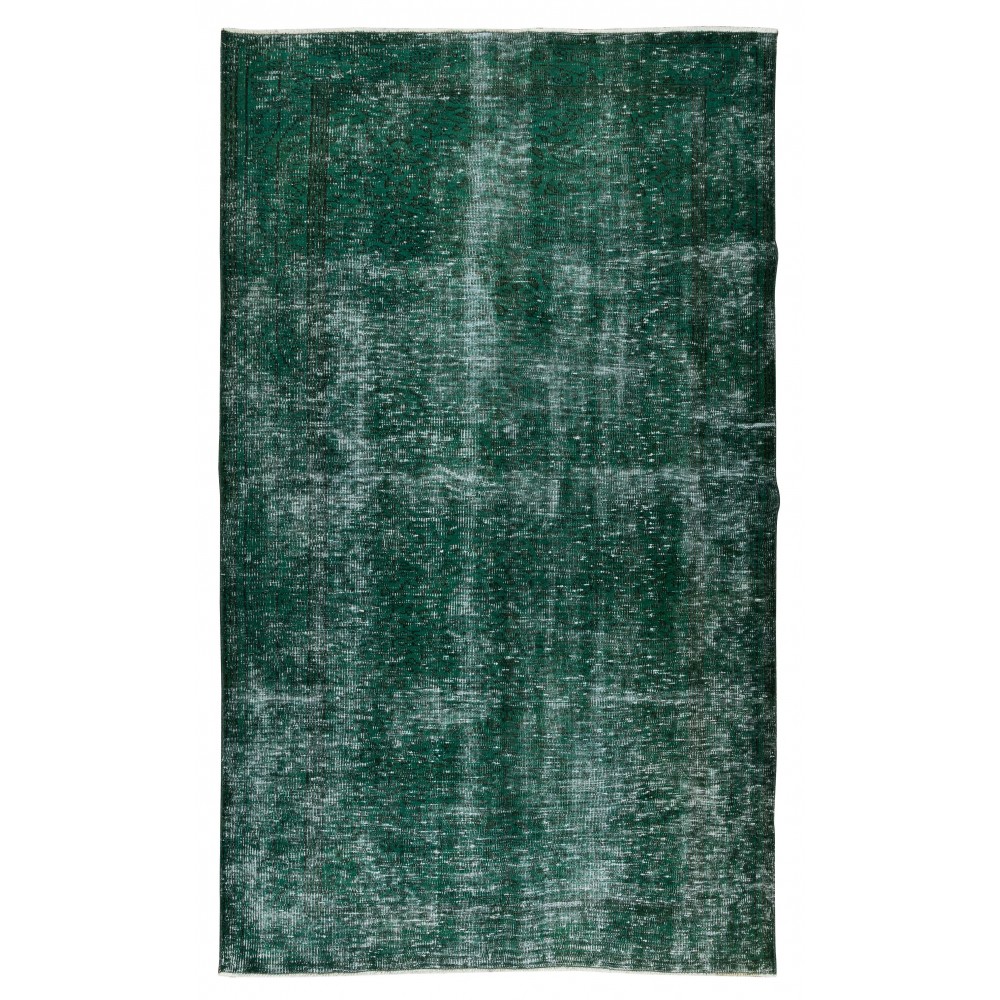 Authentic Vintage Hand Knotted Turkish Rug Over-Dyed in Green for Contemporary Home & Office